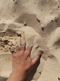 Close-up of hand on sand