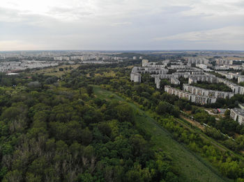 High angle view of buildings against sky