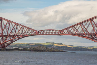 View of forth road bridge over river against cloudy sky