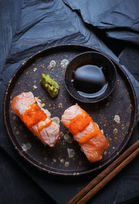 High angle view of food in plate on table