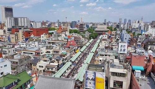 High angle view of city street against sky