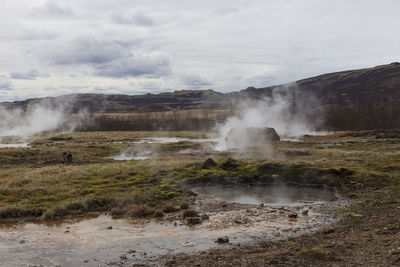 Lanscape of the geothermal area of geysir with fumaroles