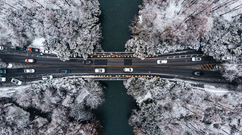 High angle view of snow covered landscape