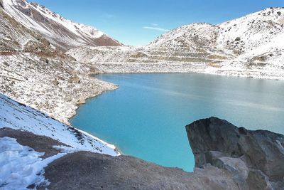 Scenic view of snowcapped mountains by lake against sky