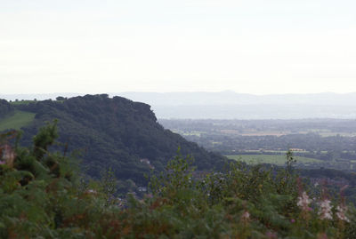 High angle view of landscape with mountains in background