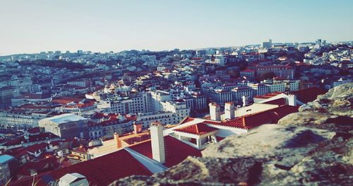 High angle view of cityscape against clear sky