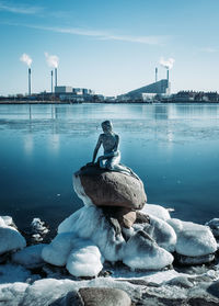 View of bird on rock by lake against sky