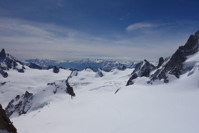 Scenic view of snow covered mountains against sky