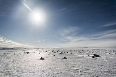 Scenic view of snow covered field against sky on sunny day