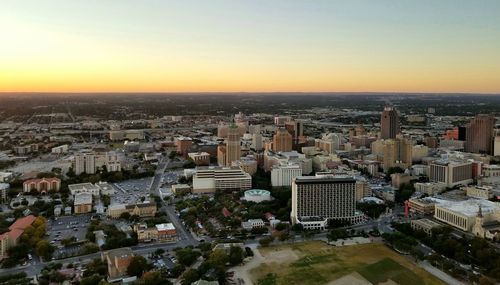 Aerial view of cityscape against clear sky