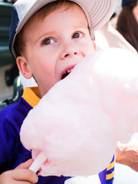 Close-up of boy eating cotton candy