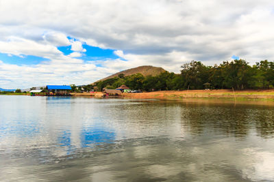 Scenic view of calm lake against cloudy sky