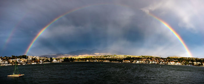 Scenic view of rainbow over sea against sky