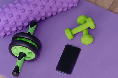 Close-up of dumbbells in gym