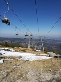 Overhead cable car against sky during winter