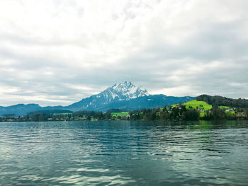 Scenic view of lake against cloudy sky