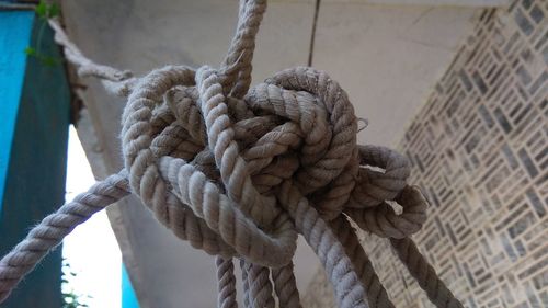 Close-up of rope tied to wooden post