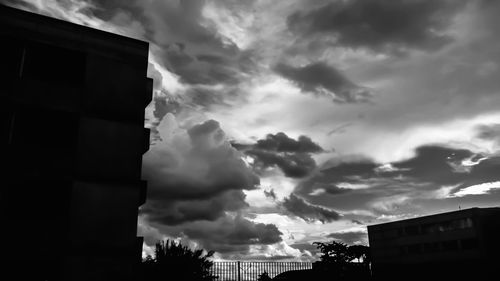 Low angle view of storm clouds over houses
