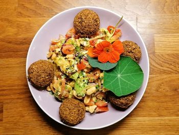 High angle view of breakfast served on table