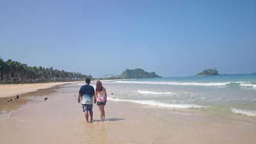 Rear view of friends walking on beach against clear sky