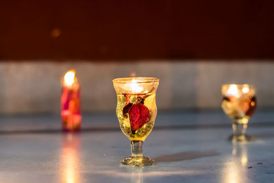 Close-up of illuminated candles on table