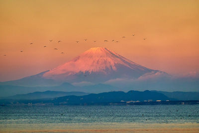 Scenic view of snowcapped mountains with group of birds against sky during sunrise
