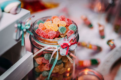 High angle view of candies in jar