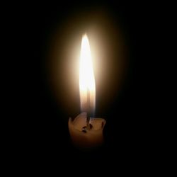 Close-up of lit candle in dark room