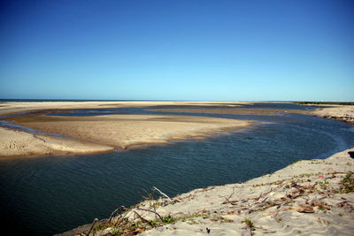 Scenic view of sea against clear blue sky