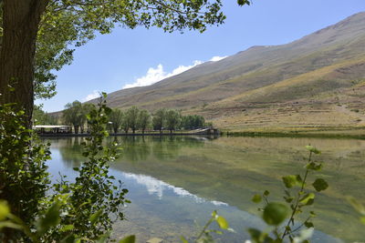 Scenic view of lake and mountains against sky