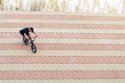 Full body man in casual clothes doing wallride trick on bmx bicycle on slope on summer weekend day in skate park