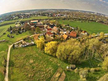 High angle view of townscape on field