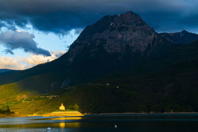 Scenic view of lake and mountains against sky