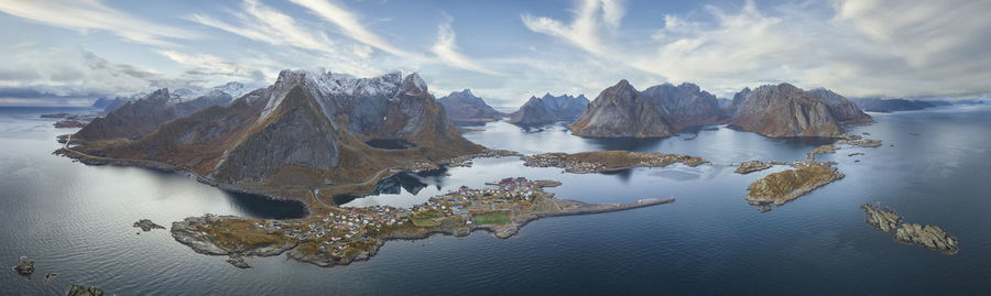 Panoramic view of the mountains and islands around lofoten