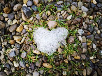 High angle view of heart shape stone on pebbles