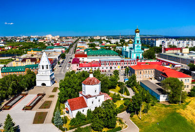 High angle view of buildings in city