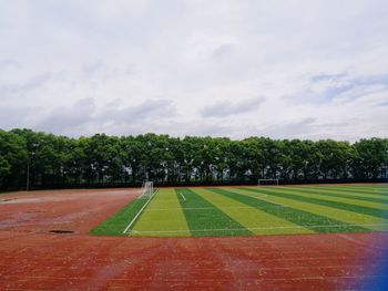 Trees on field against cloudy sky