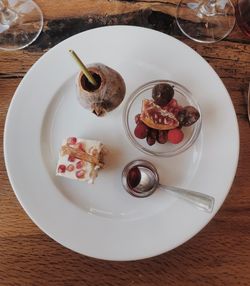 High angle view of breakfast served on table