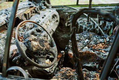 Burned car interior, close up vehicle fire, fires out. burned automobile, car fire, vehicle fire