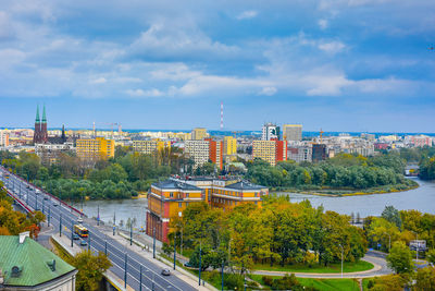 High angle view of cityscape against sky