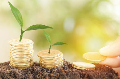 Cropped hands stacking coins on dirt outdoors