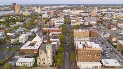 High angle view of buildings in city