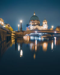 Reflection of illuminated buildings in water