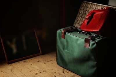 High angle view of luggage in attic