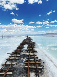 Old rail tracks at the chaka salt lake, qinghai province