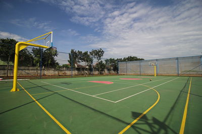 Scenic view of soccer field against sky