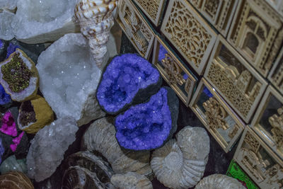 High angle view of multi colored stones on rock