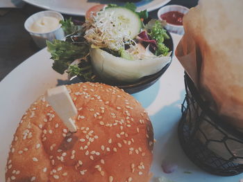 Close-up of food served on table