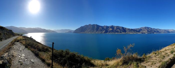 Panoramic view of sea against clear blue sky