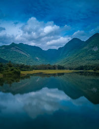 Scenic view of lake and mountains against sky